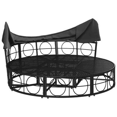 Round outdoor daybed with canopy and built-in seating area without cushions, showing lattice base.