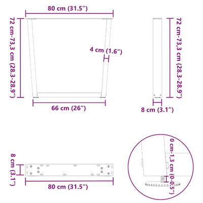 Technical diagram with dimensions of table legs and mounting hardware.