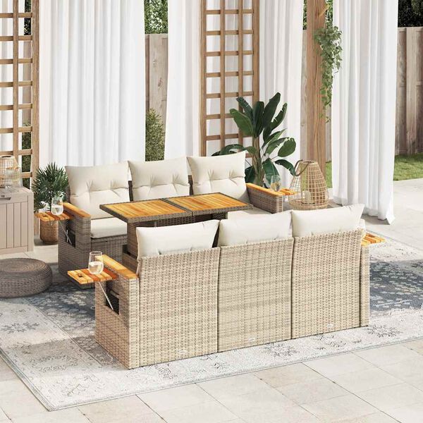 vidaXL 7 Piece Patio Sofa Set with Cushions Beige Poly Rattan Acacia