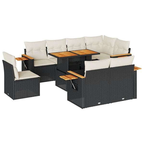 vidaXL Garden Sofa Set Black Poly Rattan, Acacia Wood, Powder-Coated Steel