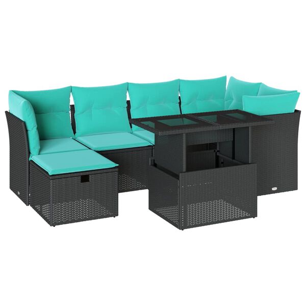 vidaXL 7 Piece Garden Sofa Set with Cushions Black Poly Rattan