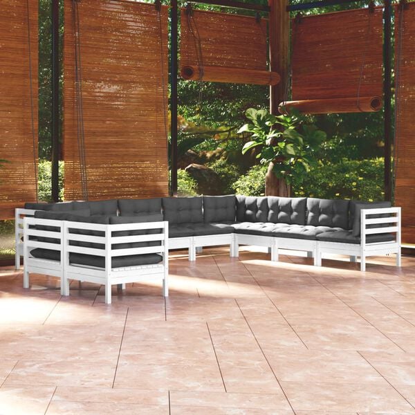 vidaXL Garden Lounge Set White with Charcoal Cushions Solid Pine, Polyester