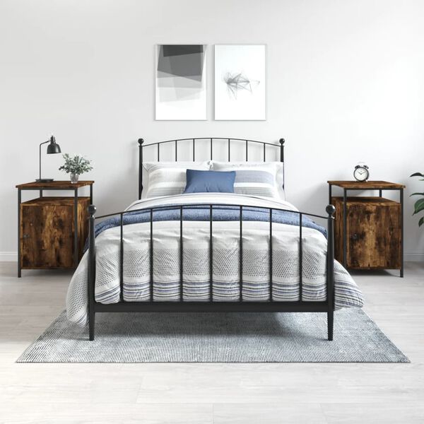 vidaXL Bedside Cabinet Set of 2 Smoked Oak Engineered Wood, Iron Medium