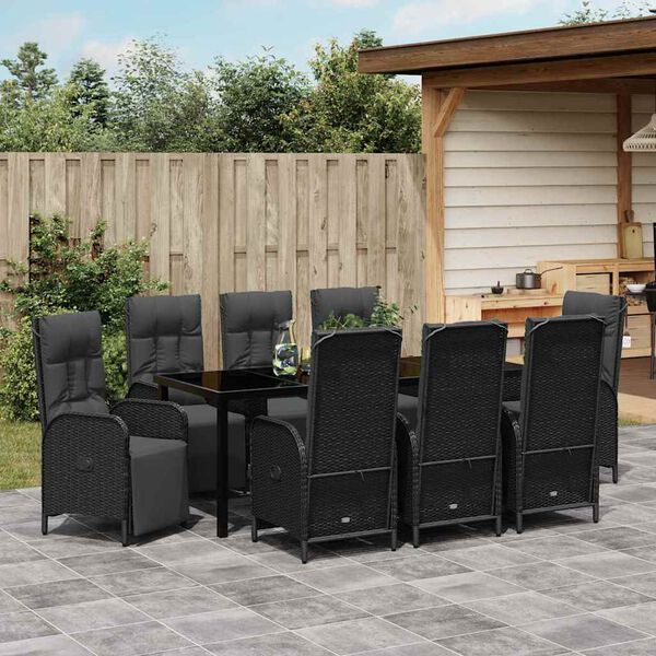 vidaXL Garden Dining Set with Cushion 9 pcs Black Poly Rattan