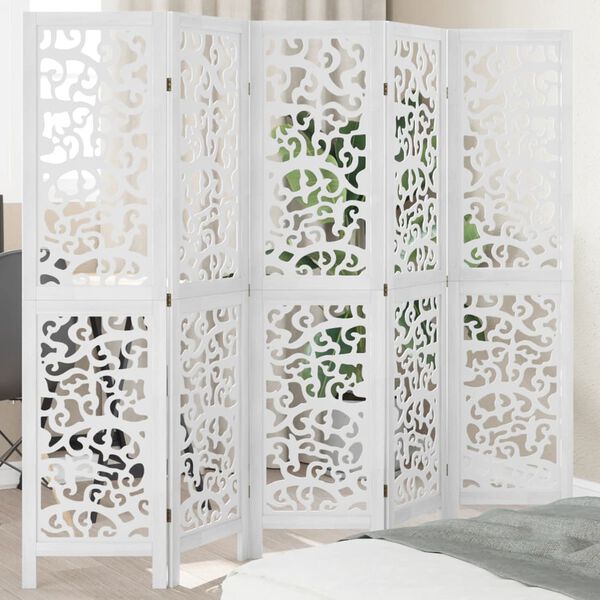 vidaXL Room Divider 5 Panels White Solid Wood Paulownia