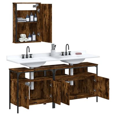 Open bathroom cabinet with shelves above a white double-sink vanity; multiple storage compartments and doors.