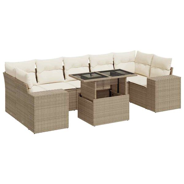 vidaXL Garden Sofa Set Beige PE rattan 8 Piece Set Adjustable Feet
