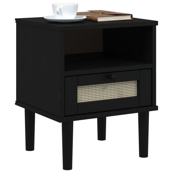 vidaXL Bedside Cabinet Black Solid pine wood, engineered wood, poly rattan
