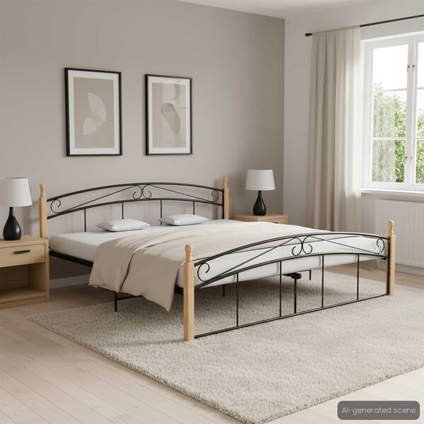 vidaXL Bed Frame Black and Natural Powder-coated metal, solid oak wood