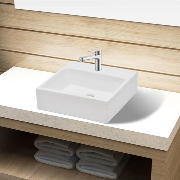 vidaXL Ceramic Bathroom Sink Basin with Faucet Hole White Square