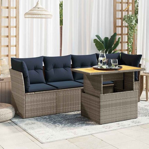 vidaXL 5 Piece Patio Sofa Set with Cushions Gray Poly Rattan