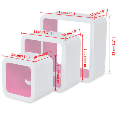 3 White-Pink MDF Floating Wall Display Shelf Cubes Book/DVD Storage