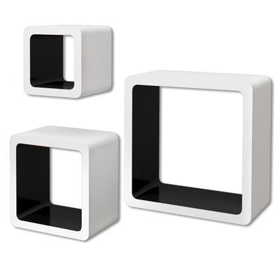 3 White-Black MDF Floating Wall Display Shelf Cubes Book/DVD Storage