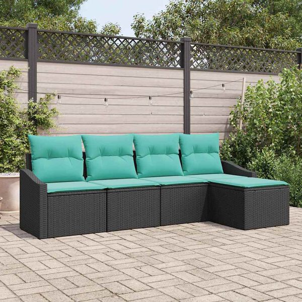vidaXL Sofa Set with Cushion 5 pcs Black and Turquoise Poly Rattan