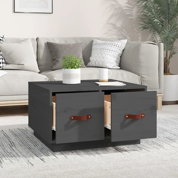 vidaXL Coffee Table Grey Solid Pine Wood, Faux Leather (PU) Medium