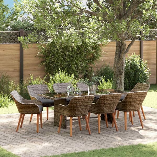 vidaXL Garden Dining Set with Cushion 9 pcs Gray poly rattan