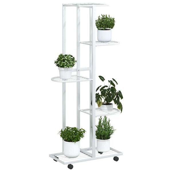 vidaXL Flower Stand White Iron Tall Rollable Flower Stand