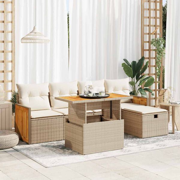 vidaXL Garden Sofa Set Beige PE Rattan 6 Piece Set Adjustable Armrests