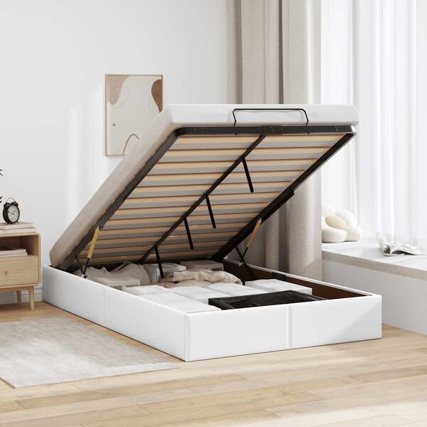 vidaXL Ottoman Bed Frame White Faux leather, metal, plywood, engineered wood