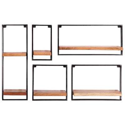 Multiple black metal-framed shelves with wooden slats in various sizes.