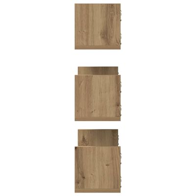 Set of three wooden shelf panels showing different pieces of wood panels, likely components of a shelf system.