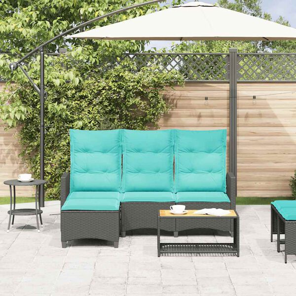 vidaXL Reclining Patio Sofa with Cushions L-shaped Black Poly Rattan