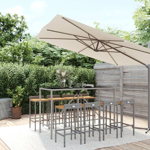 vidaXL Garden Bar Set Grey PE Rattan, Solid Acacia Wood, Powder-Coated Steel