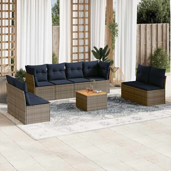 vidaXL 9 Piece Patio Sofa Set with Cushions Gray Poly Rattan