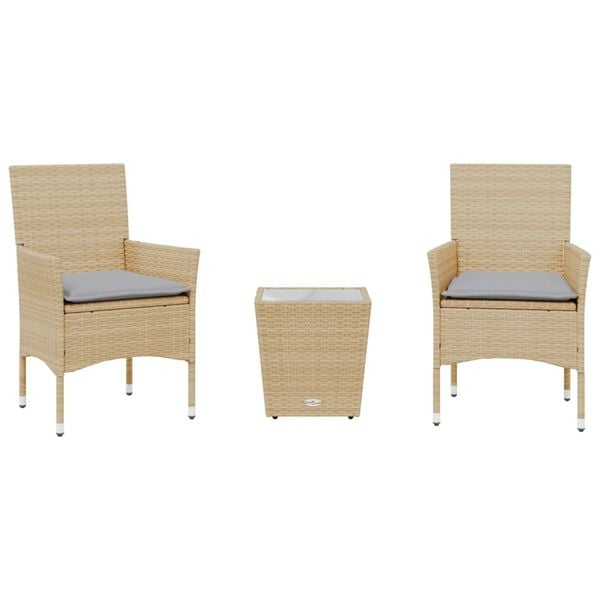 vidaXL 3 Piece Bistro Set with Cushions Beige Poly Rattan and Glass
