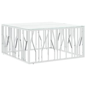 vidaXL Coffee Table Silver, White Stainless Steel, Tempered Glass Large