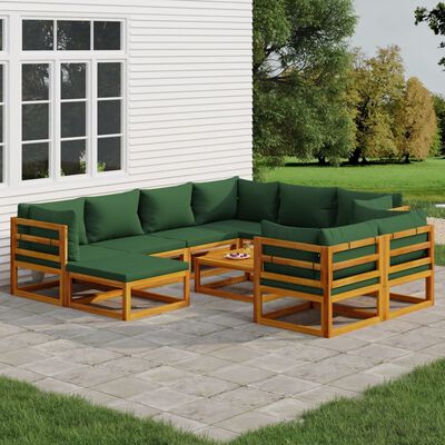 vidaXL 10 Piece Patio Lounge Set with Green Cushions Solid Wood