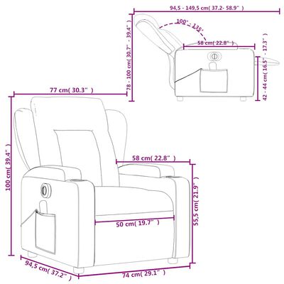 Technical dimensions diagram of the recliner with measurements in cm and inches