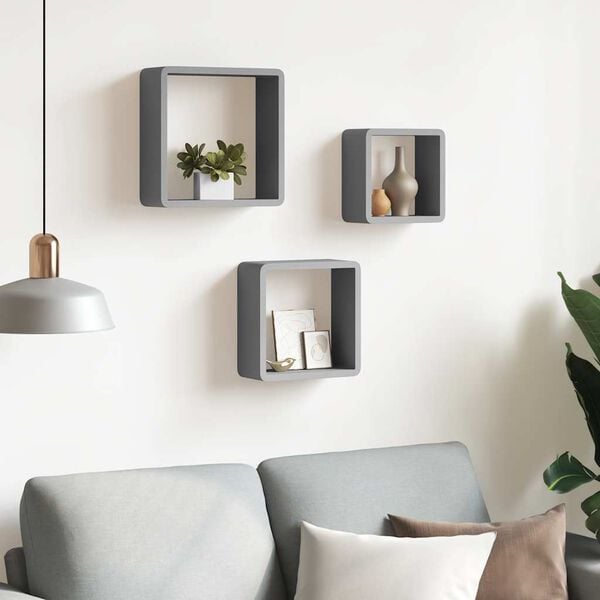 vidaXL Wall Cube Shelf Set of 3 Grey MDF Small Appealing Design