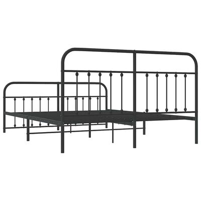 Three-quarter view of a large metal bed frame with two headboards on both ends and footboard rails.