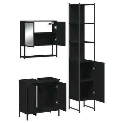 Wall-mounted cabinet with mirror above a tall pantry cabinet and a small vanity cabinet, all in black