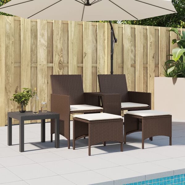vidaXL Patio Sofa 2-Seater with Table and Stools Brown Poly Rattan