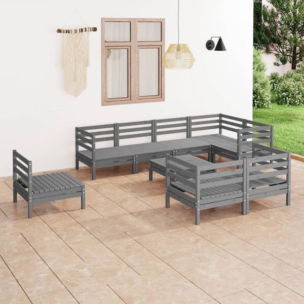 vidaXL 9 Piece Patio Lounge Set Solid Pinewood Gray