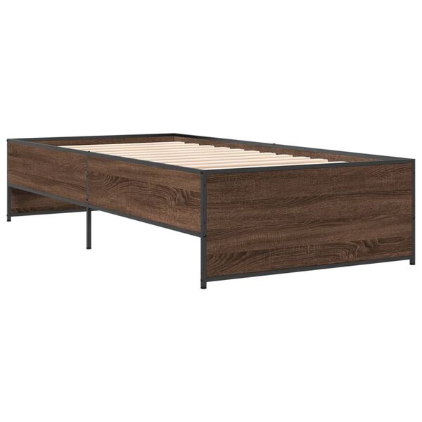 vidaXL Bed Frame Brown Oak Engineered Wood, Steel Twin Modern