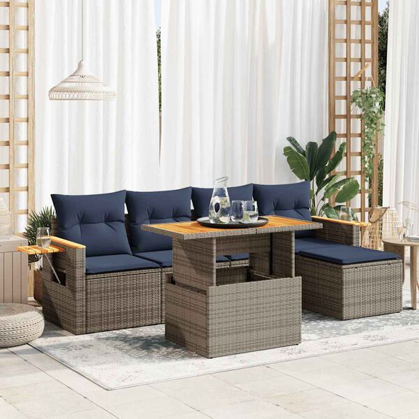 vidaXL 6 Piece Patio Sofa Set with Cushions Gray Poly Rattan Acacia