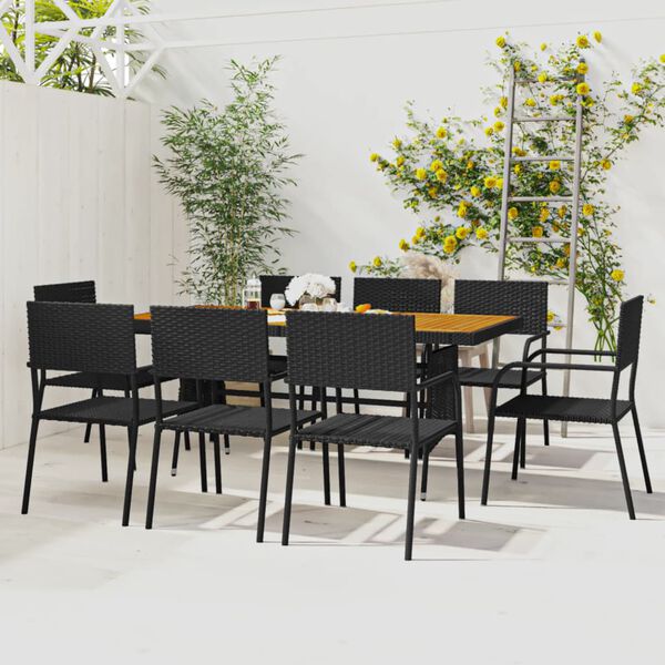 vidaXL Outdoor Dining Set Black PE Rattan, Steel, Solid Acacia Wood Large