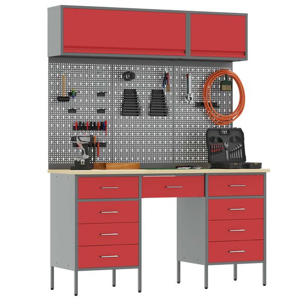 vidaXL Work Cabinet with Drawer with Lock 8 pcs Red 150 x 55 x 200 cm