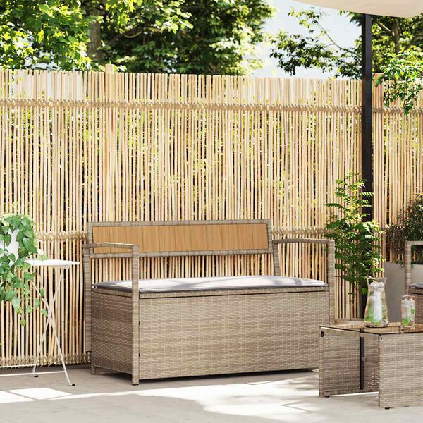 vidaXL Garden Storage Bench with Cushion Beige Poly Rattan