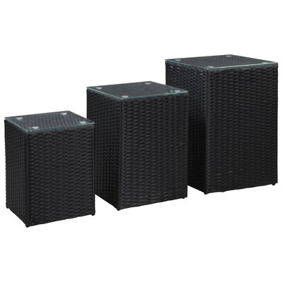 vidaXL Side Tables 3 pcs with Glass Top Black Poly Rattan