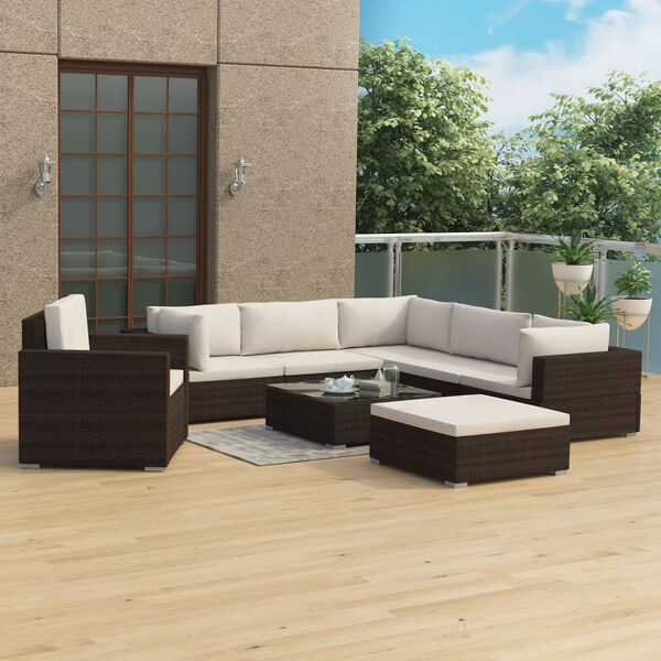 vidaXL 8 Piece Patio Lounge Set with Cushions Poly Rattan Brown