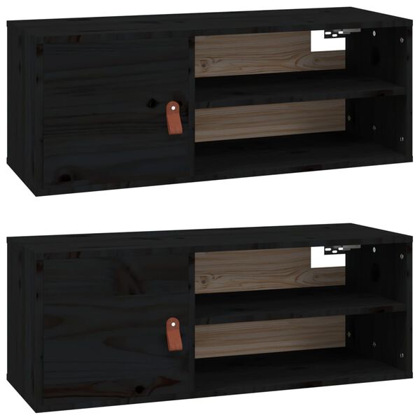 vidaXL Wall Cabinet Set of 2 Black Solid Pine Wood, Faux Leather