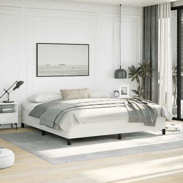 vidaXL Bed Frame White Faux leather, plywood, engineered wood King