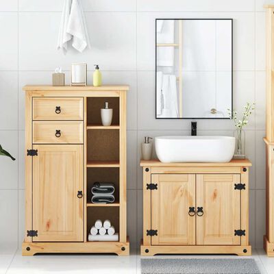 Two-piece wooden bathroom vanity set with tall cabinet and matching sink cabinet; open shelves and drawer
