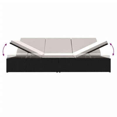 Front view of three-section outdoor sofa showing adjustable sections with pink arrows illustrating recline movement