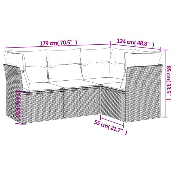 vidaXL Garden Sofa Set Grey PE Rattan, Powder-Coated Steel Medium