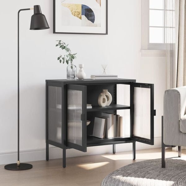 vidaXL Sideboard Black Powder-coated steel, fluted glass Medium